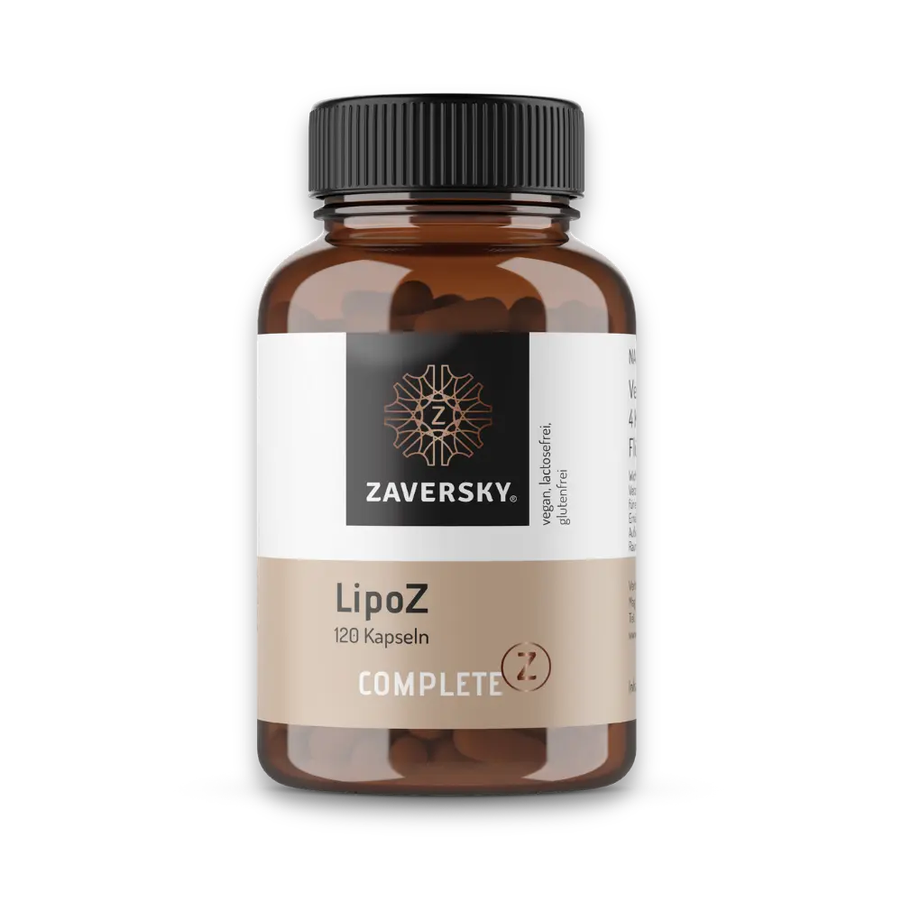 Zaversky LipoZ Kapseln, 120 Stück, braune Apothekerflasche mit schwarzem Schraubverschluss und Etikett „Complete Z“.