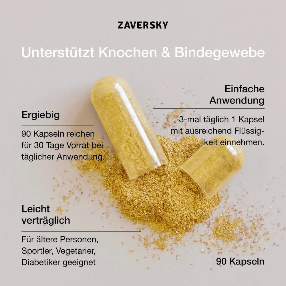 Zwei gelbe Kapseln mit Pulver auf beigem Hintergrund, Infografik zu Anwendung, Ergiebigkeit und Verträglichkeit, 90 Kapseln