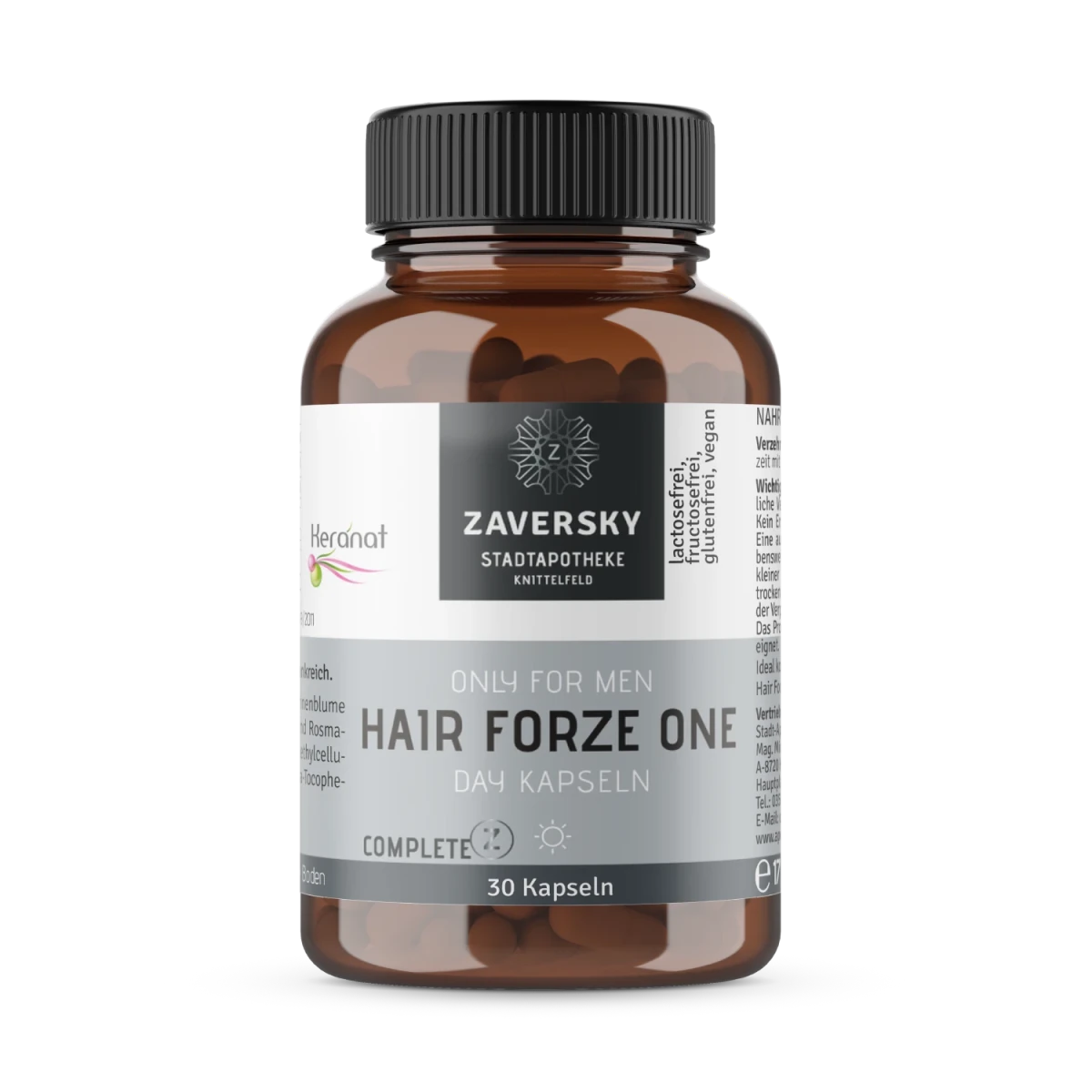 Braunglasflasche Zaversky Hair Forze One Day Kapseln, Only for Men, 30 Kapseln, lactosefrei, glutenfrei, vegan