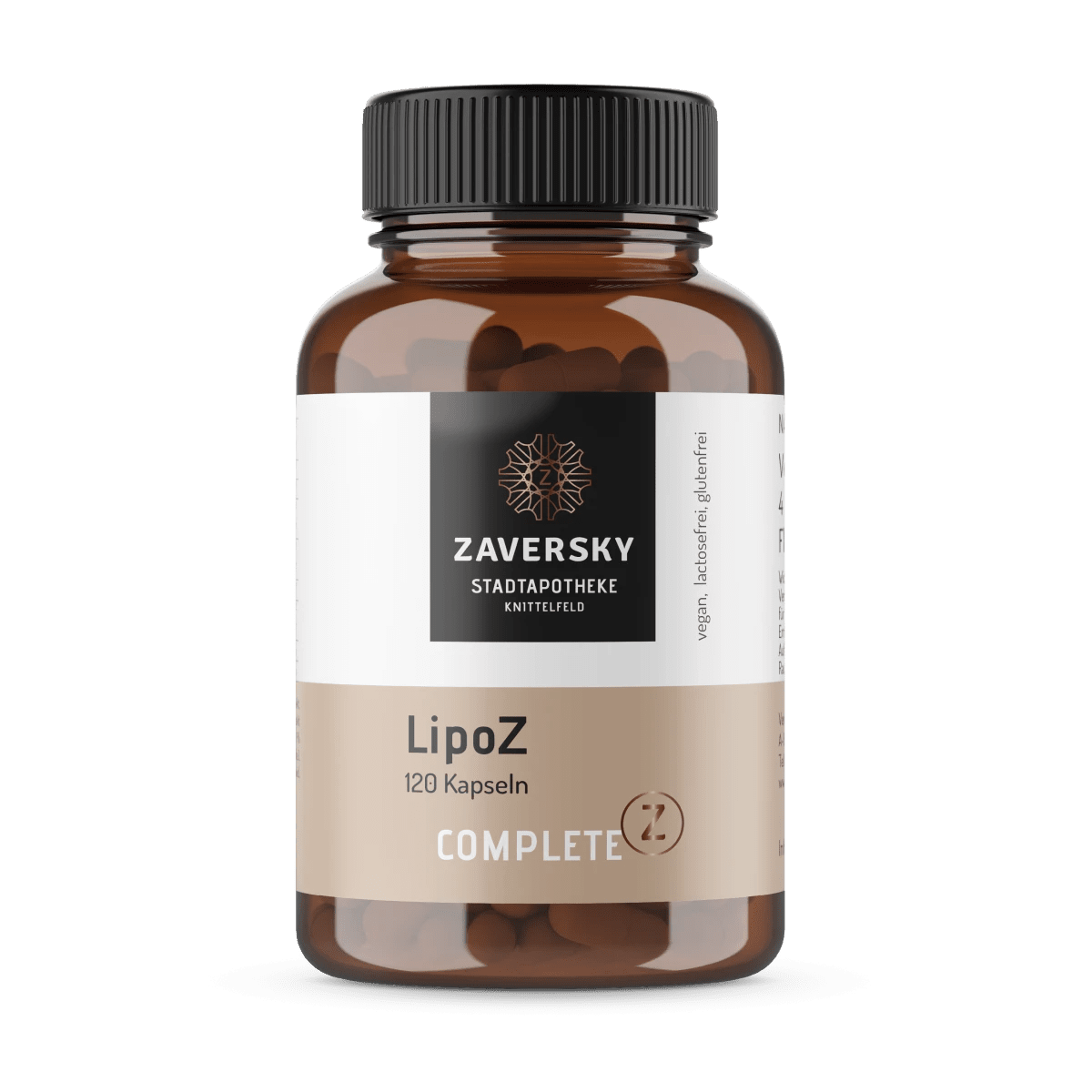 Zaversky LipoZ Complete Kapseln in brauner Glasflasche mit schwarzem Deckel, 120 Kapseln, vegan, lactosefrei, glutenfrei