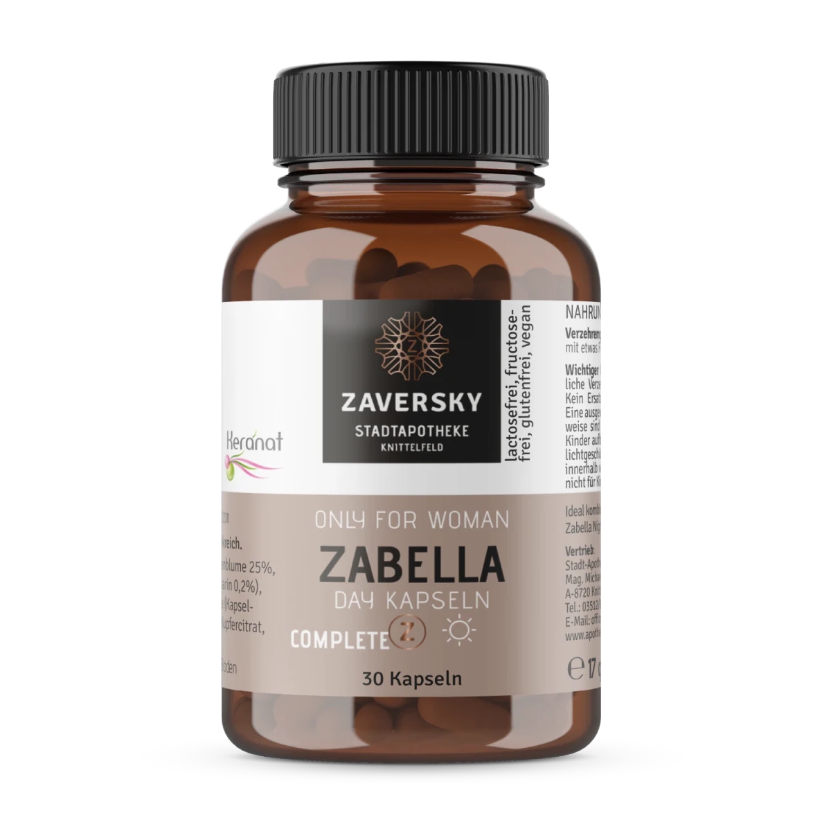 Zaversky Zabella Day Kapseln Only for Woman in brauner Glasflasche mit schwarzem Deckel, 30 Kapseln, lactose- und glutenfrei