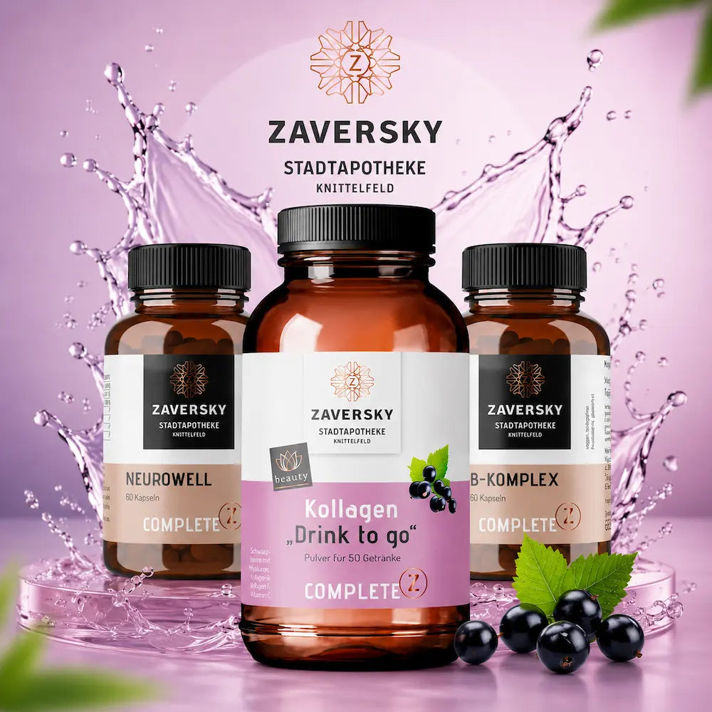 Zaversky Kollagen „Drink to go" Pulver für 50 Getränke in Braunglasflasche, mittig zwischen Neurowell und B-Komplex, mit schwarzen Johannisbeeren