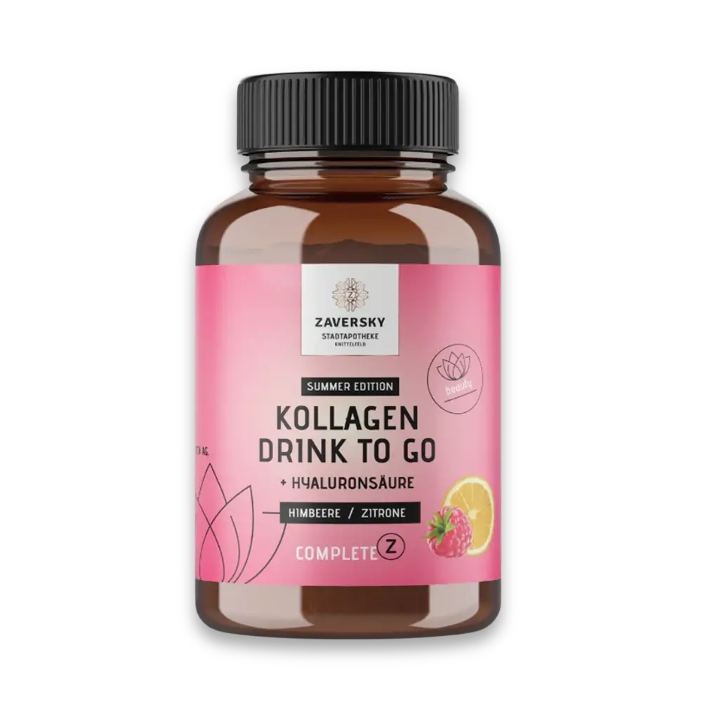Braune Dose Kollagen Drink to Go Summer Edition mit Hyaluronsäure, Geschmack Himbeere/Zitrone, Zaversky Stadtapotheke Knittelfeld