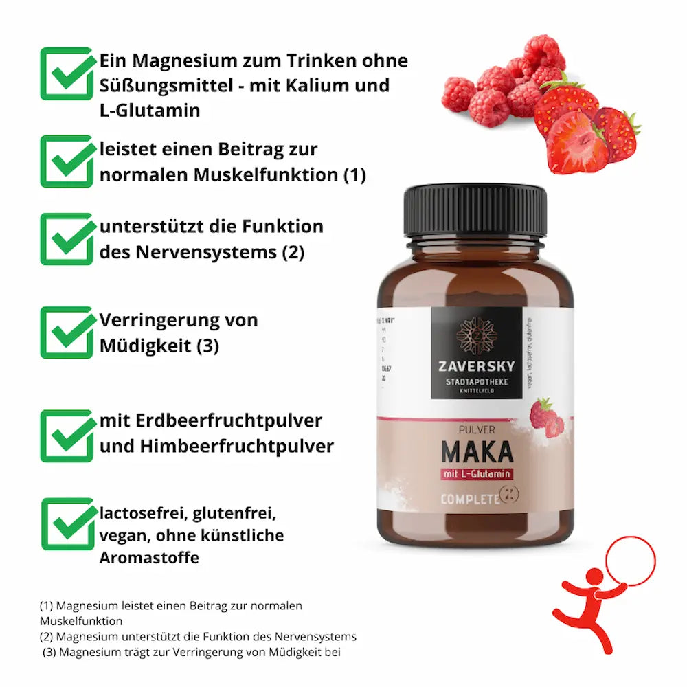 Zaversky MAKA Magnesium-Kalium-Pulver mit L-Glutamin in brauner Dose, umgeben von Vorteils-Checkliste und Himbeeren, Erdbeeren