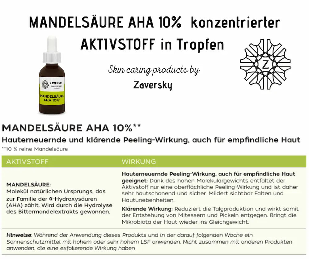 Infografik zu Mandelsäure AHA 10% Tropfen von Zaversky mit brauner Tropfflasche, Aktivstoff-Tabelle und erläuterter Peeling-Wirkung