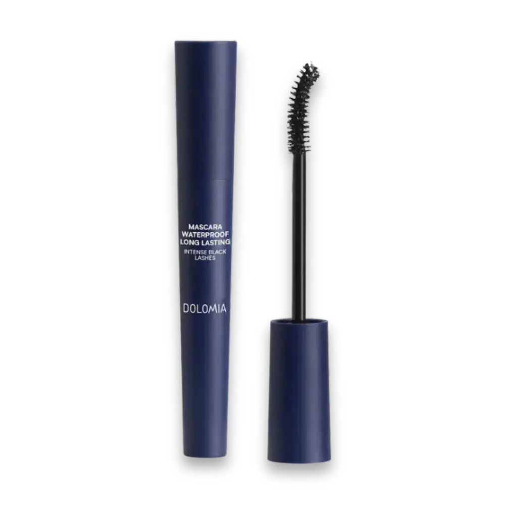 Dolomia Mascara Waterproof Long Lasting Intense Black Lashes in dunkelblauer Tube mit geöffnetem Applikator und Bürstchen