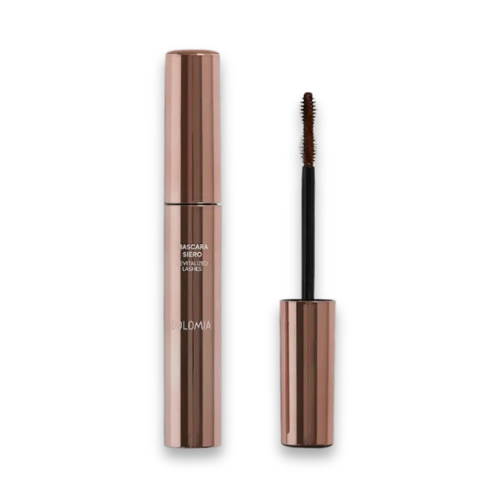Dolomia Mascara Siero Revitalized Lashes in roségoldener Hülse, daneben geöffneter Applikator mit brauner Wimpernbürste.
