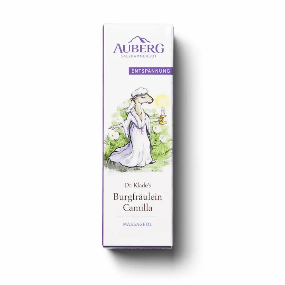 Verpackung von Auberg Dr. Klade's Burgfräulein Camilla Massageöl mit Entspannungs-Etikett und Illustration einer Märchenfigur.