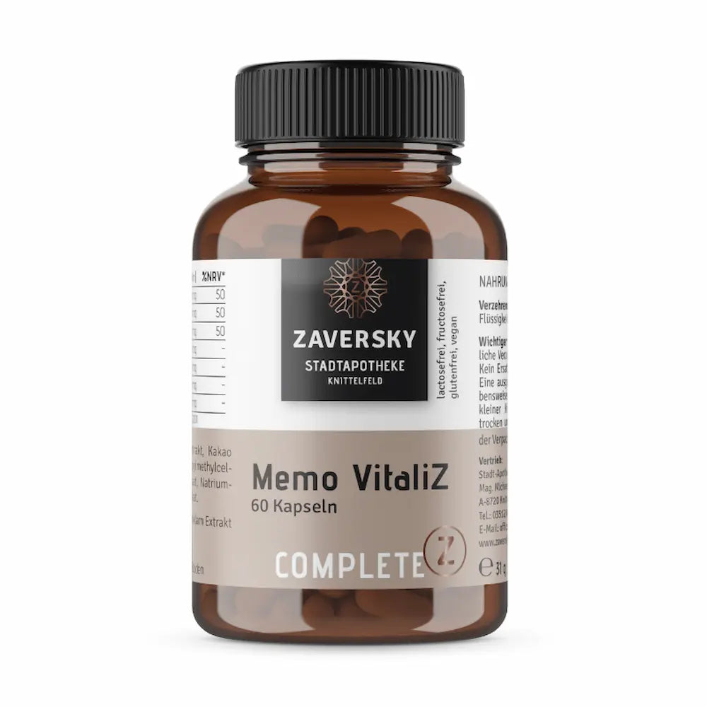 Memo VitaliZ Complete von Zaversky Stadtapotheke Knittelfeld, Braunglas mit schwarzem Deckel, 60 Kapseln, lactosefrei, fructosefrei, glutenfrei, vegan, Vorderansicht