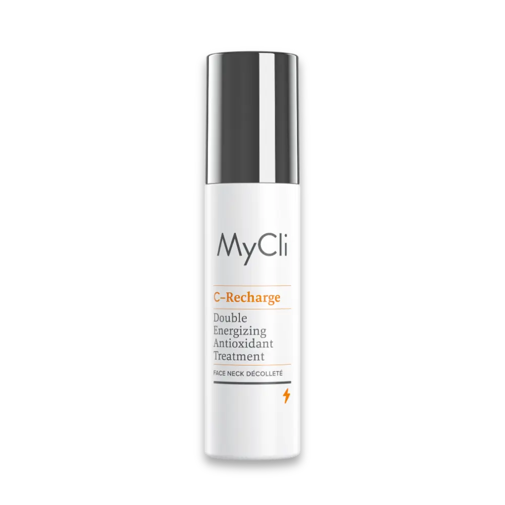 MyCli C-Recharge Double Energizing Antioxidant Treatment in weißem Spender mit silberner Kappe für Gesicht, Hals und Dekolleté, Vorderansicht