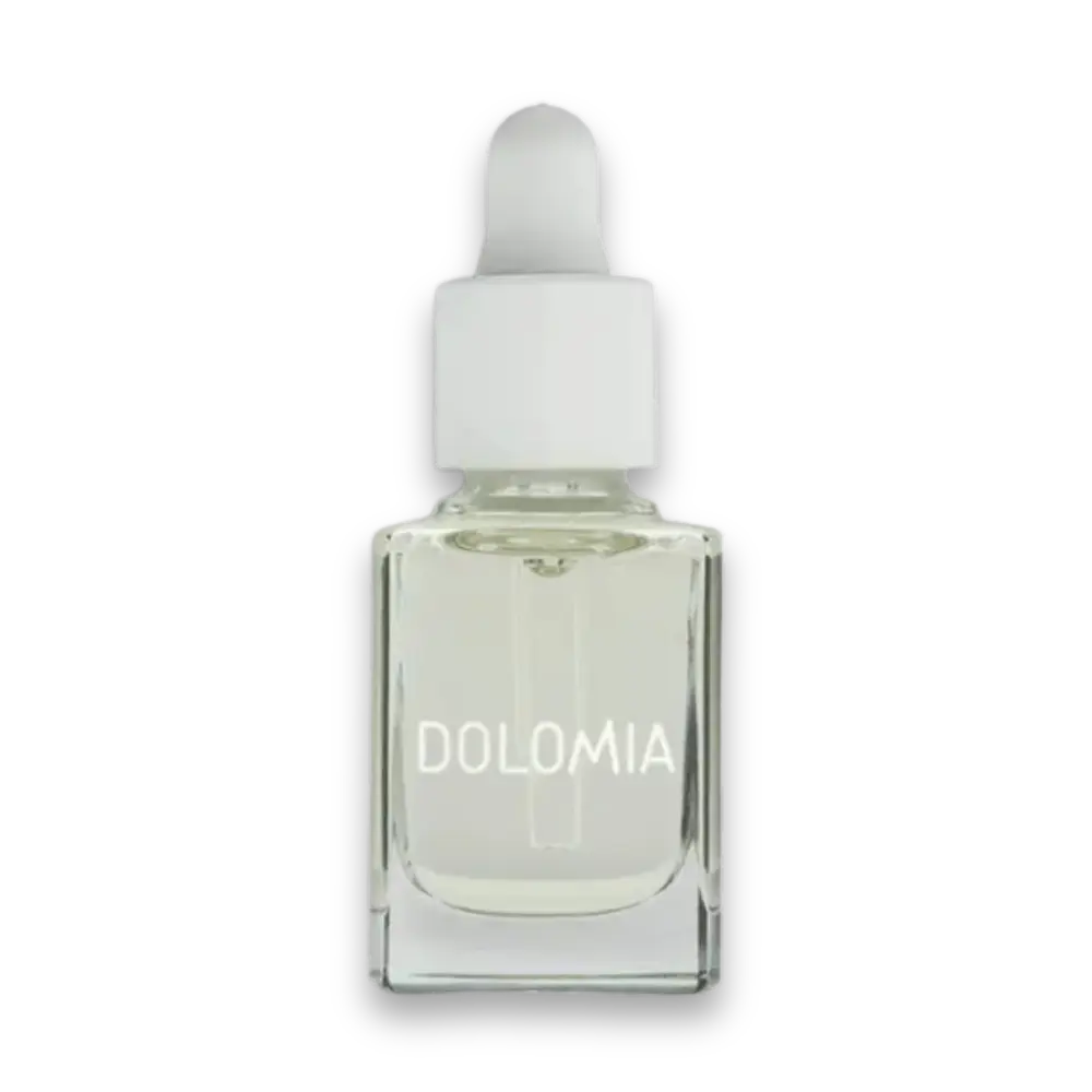 Dolomia Nagelpflegeöl in kleiner, eckiger Glasflasche mit weißer Pipette, transparente Flüssigkeit, Vorderansicht