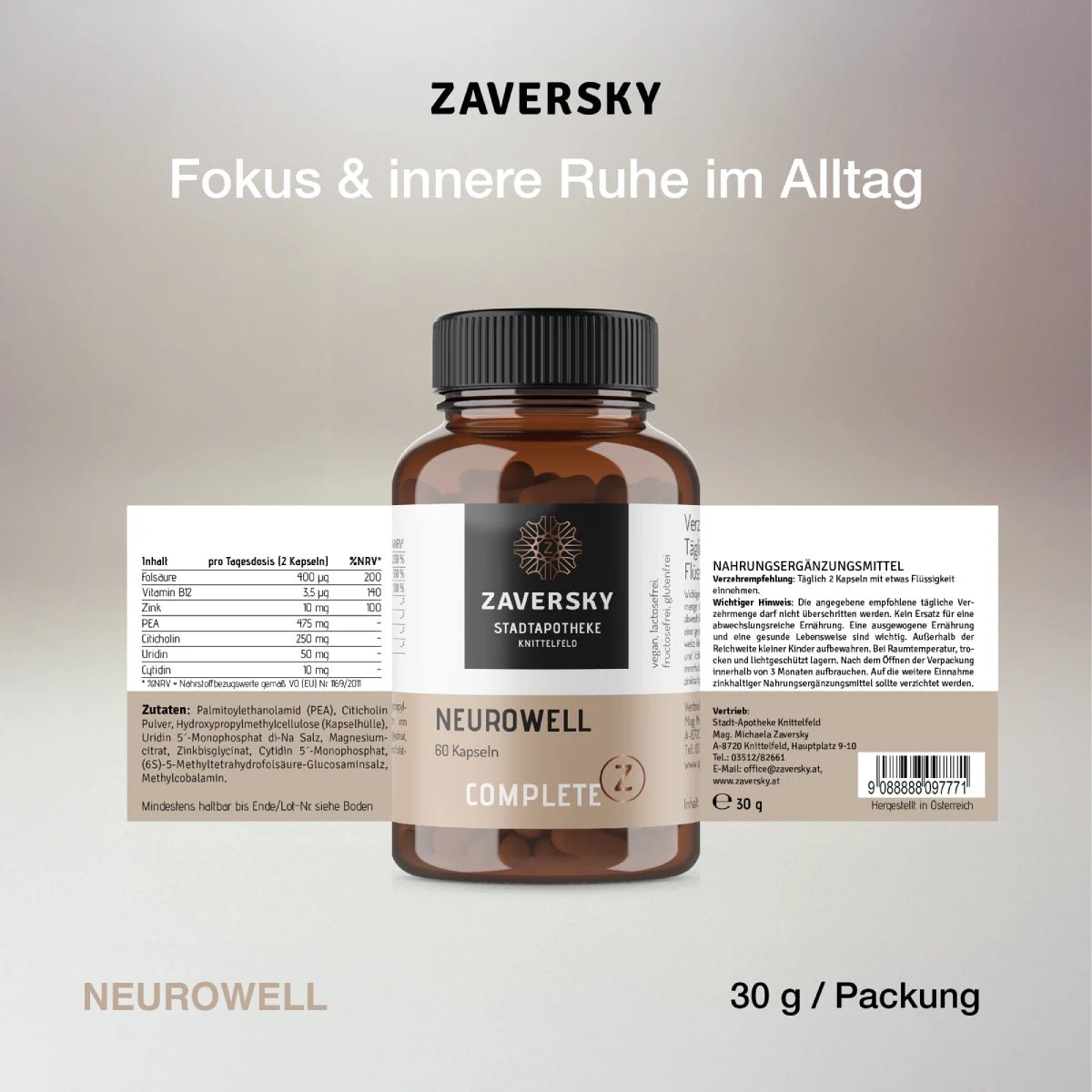 Zaversky Neurowell Complete Z, 60 Kapseln in Braunglasflasche, daneben Zutatentabelle mit Folsäure, Vitamin B12, Zink und PEA.