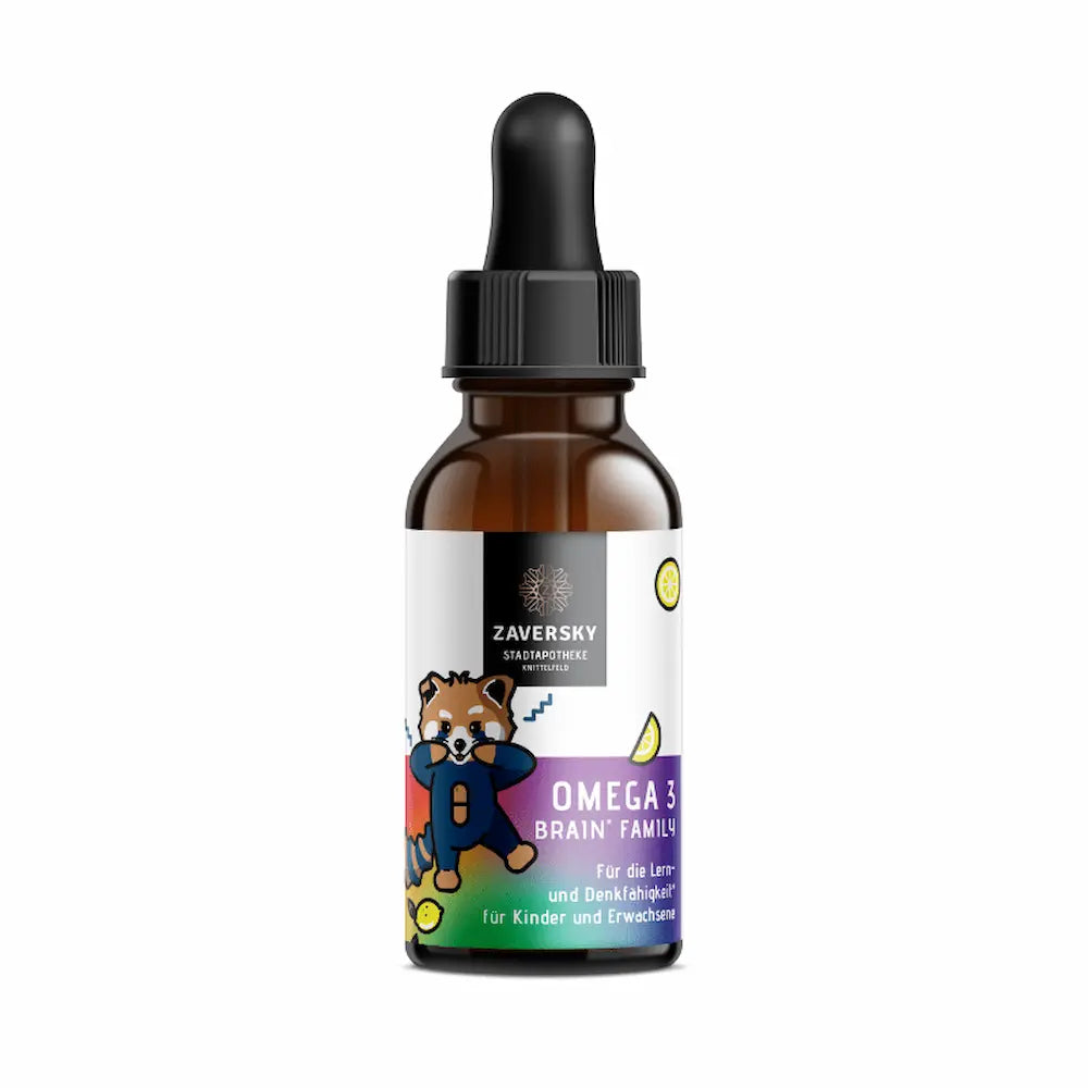 Omega 3 Brain Family Tropfenflasche aus braunem Glas mit Pipette, buntem Etikett, Zitronen-Motiv und kleinem Panda für Kinder und Erwachsene