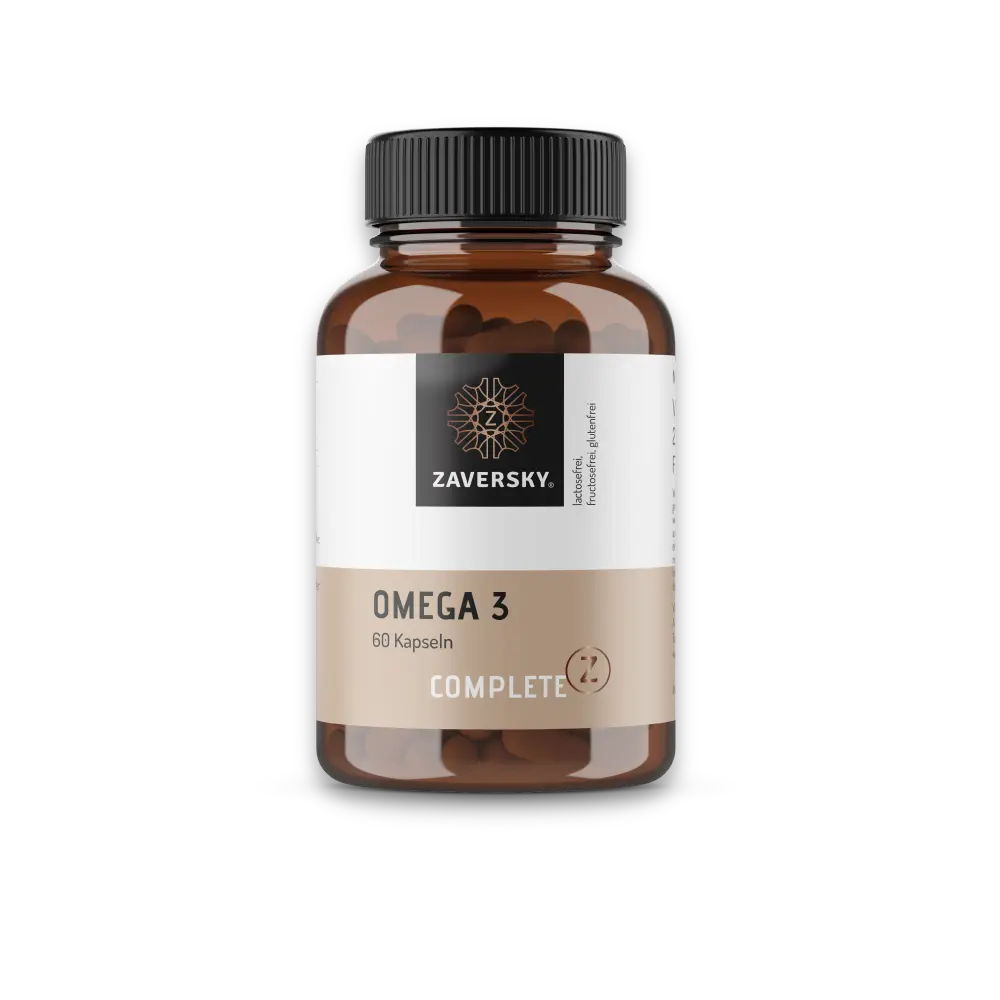 Zaversky Omega 3 Complete, 60 Kapseln, braune Dose mit schwarzem Deckel und beigem Etikett, lactose- und glutenfrei.