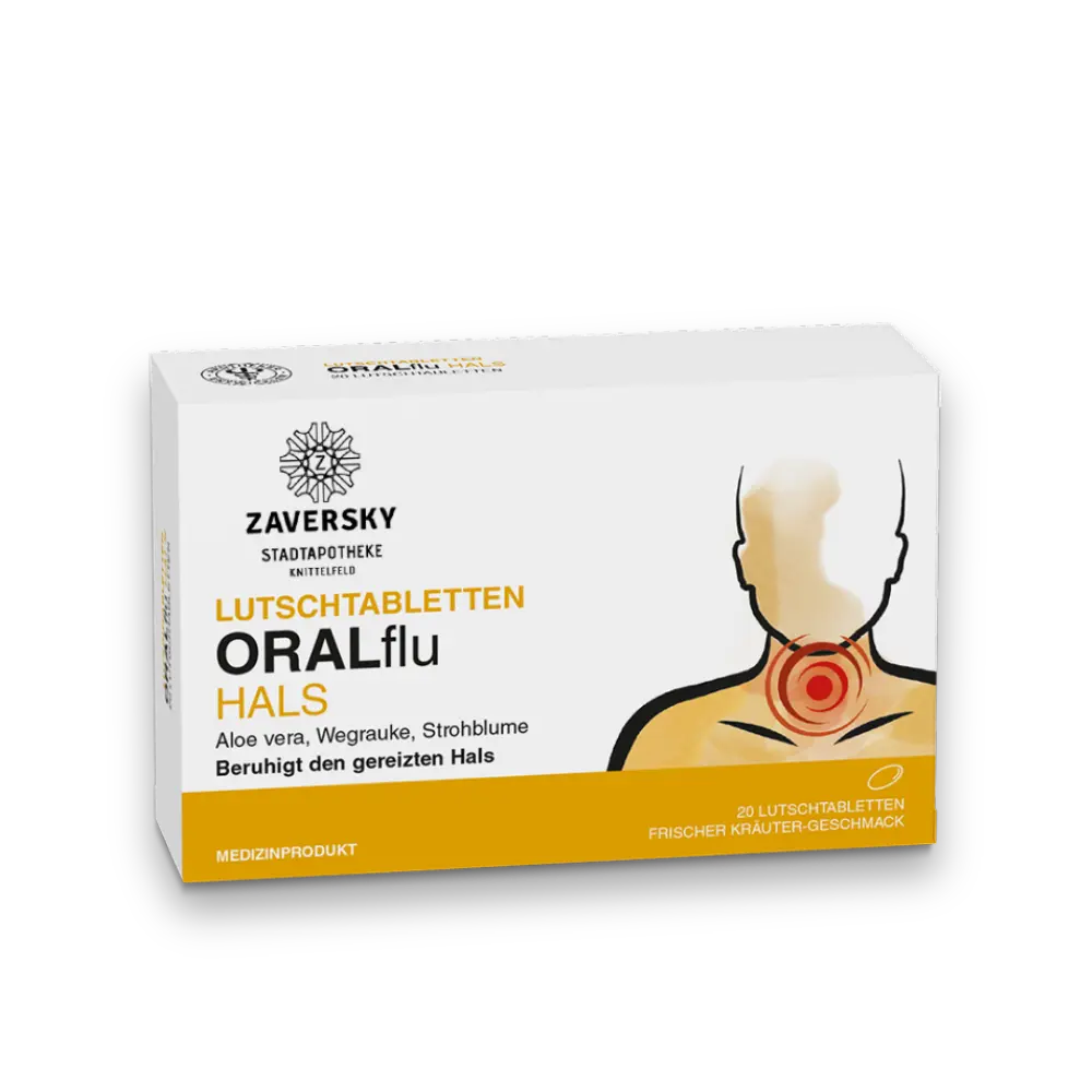 Zaversky ORALflu Hals Lutschtabletten, Packung mit Illustration eines Halses, 20 Stück, Aloe vera, Wegraute, Strohblume, gelb-weiß.