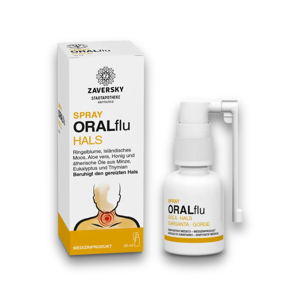Zaversky ORALflu Hals Spray, 20 ml, mit Verpackung, Sprühflasche in Weiß-Gold und Illustration eines gereizten Halses.