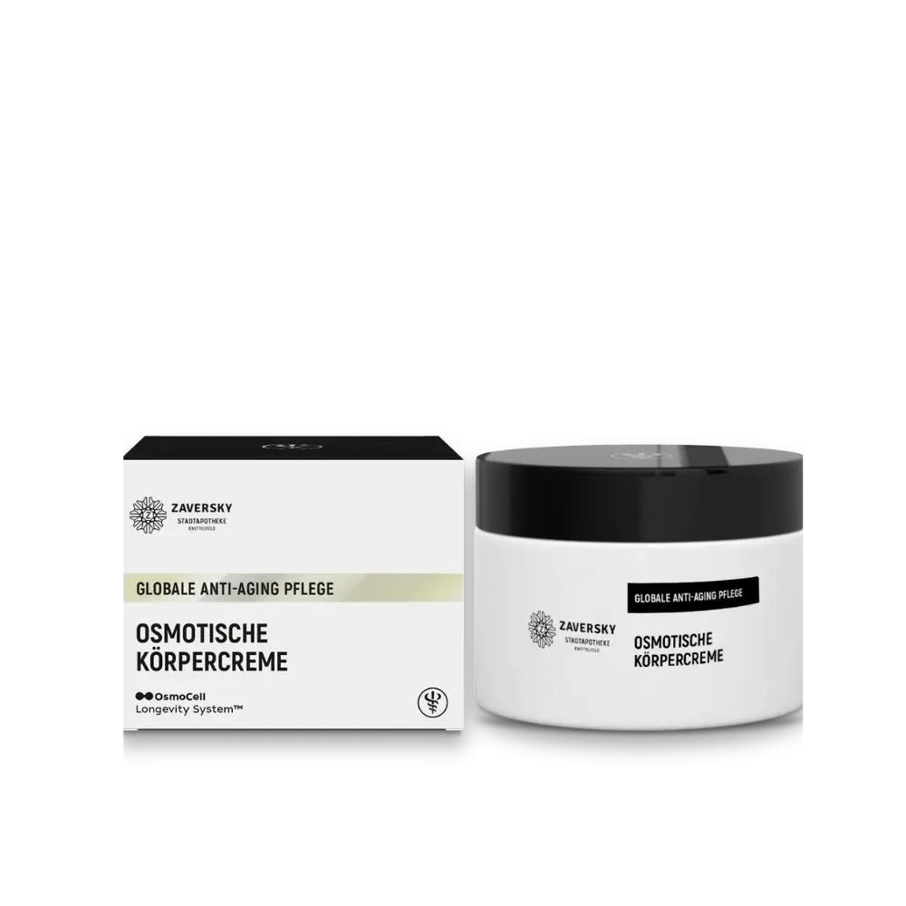 Zaversky OsmoCell Osmotische Körpercreme, Verpackung und Tiegel mit schwarzem Deckel, Aufschrift Globale Anti-Aging Pflege.