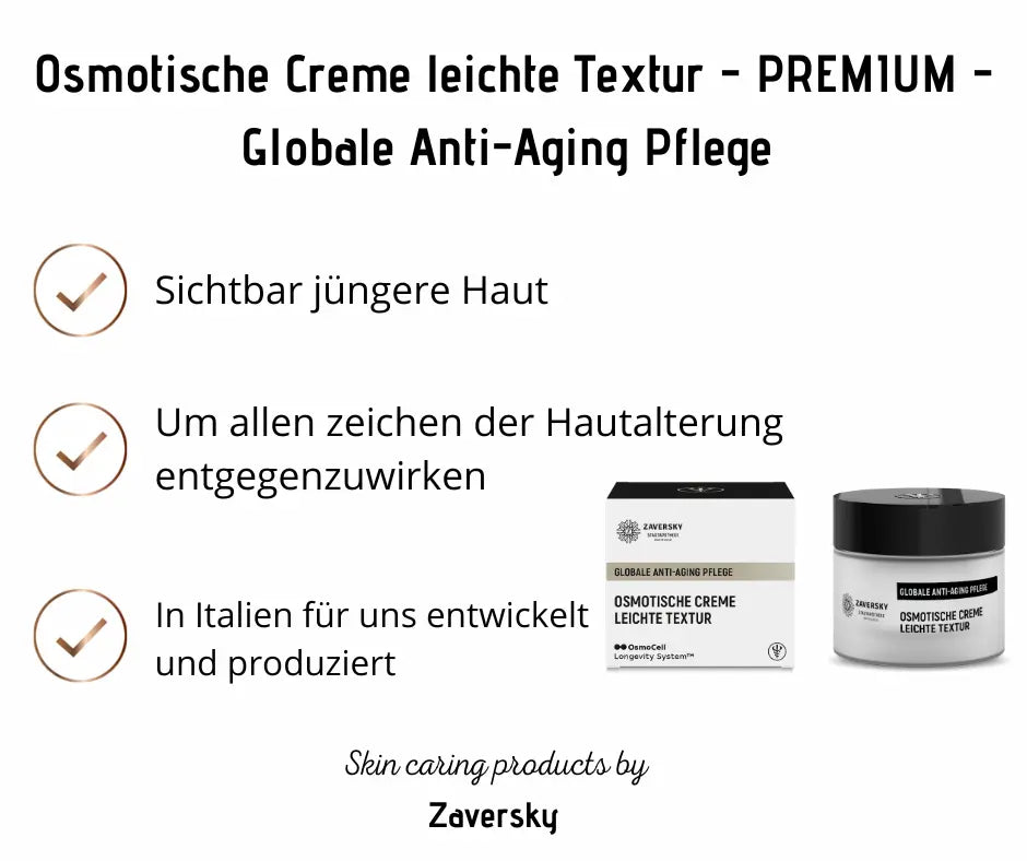 Infografik zur Osmotischen Creme leichte Textur von Zaversky mit Verpackung, Tiegel und Vorteilen wie sichtbar jüngerer Haut