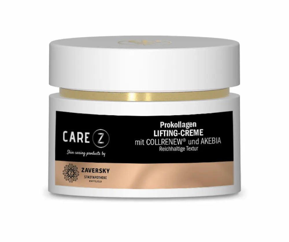 CARE Z Prokollagen Lifting-Creme mit COLLRENEW und AKEBIA im weißen Tiegel mit schwarzem Etikett, Stadtapotheke Zaversky
