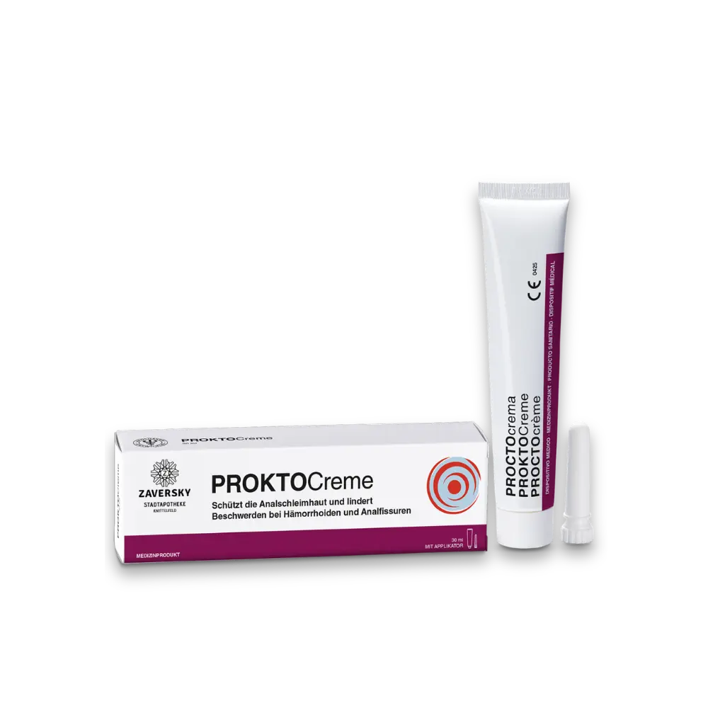 PROKTOCreme von Zaversky, Faltschachtel und Tube mit Applikator, 30 ml, für Beschwerden bei Hämorrhoiden und Analfissuren.