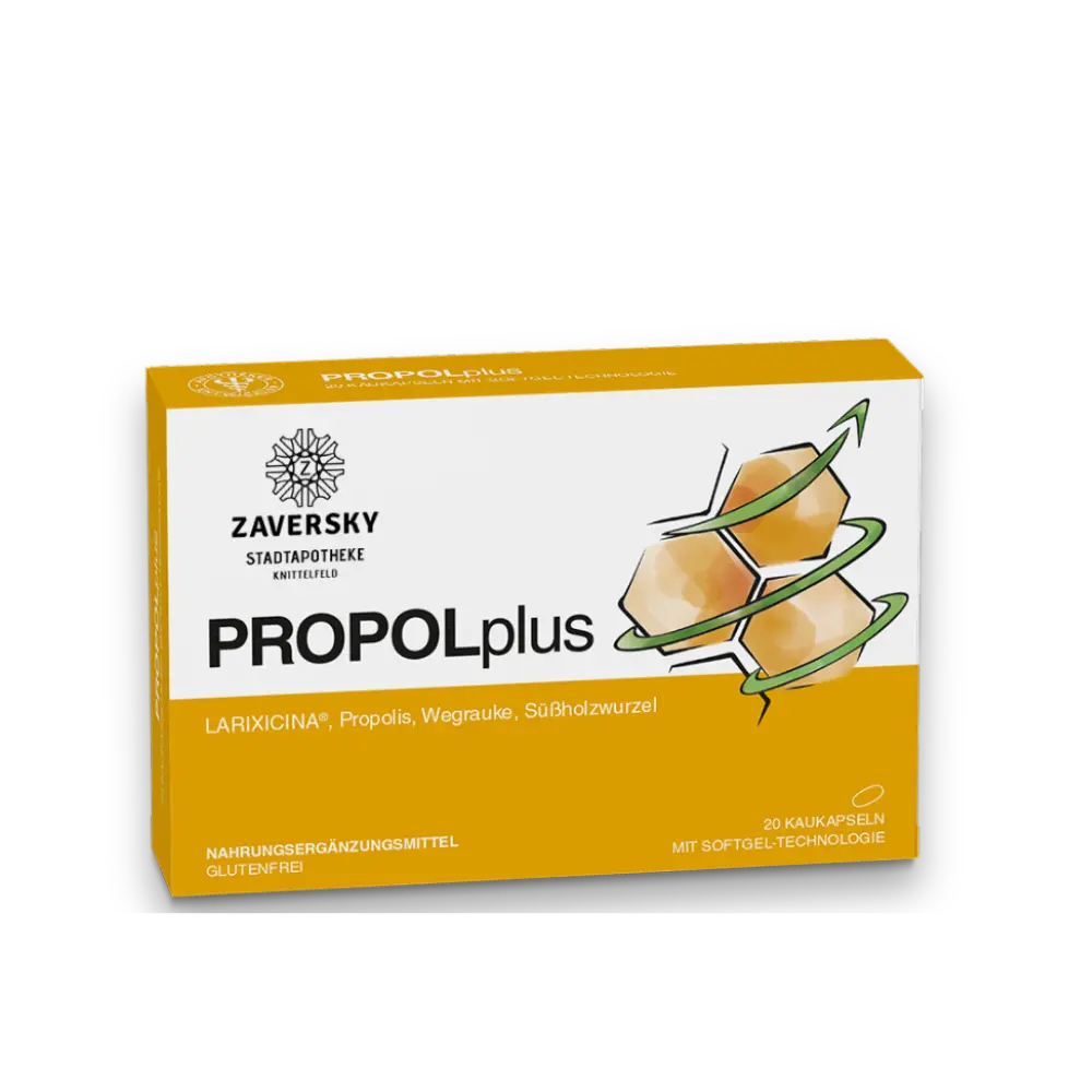 Verpackung Zaversky PROPOLplus mit LARIXICINA, Propolis, Wegrauke und Süßholzwurzel, 20 Kaukapseln, gelb-weißes Design mit Wabenmotiv.