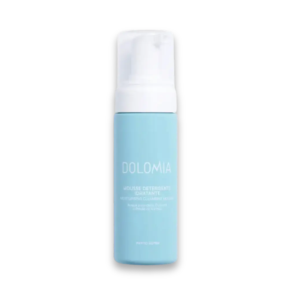 Dolomia Mousse Detergente Idratante Reinigungsmousse in hellblauer Pumpflasche mit weißem Schaumspender, Vorderansicht