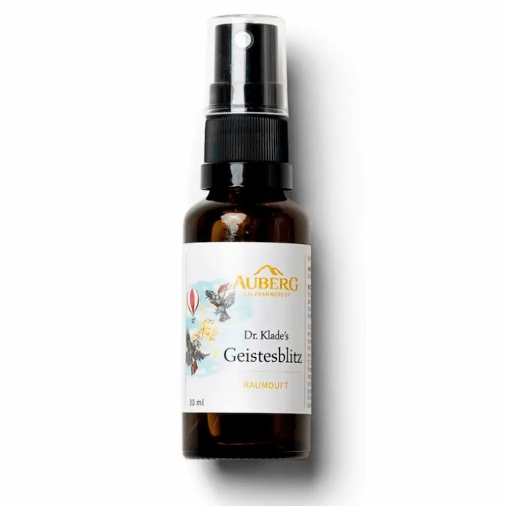 Braune Sprühflasche Auberg Dr. Klade's Geistesblitz Raumduft, 30 ml, mit Etikett und Illustrationen von Heißluftballon und Vögeln.