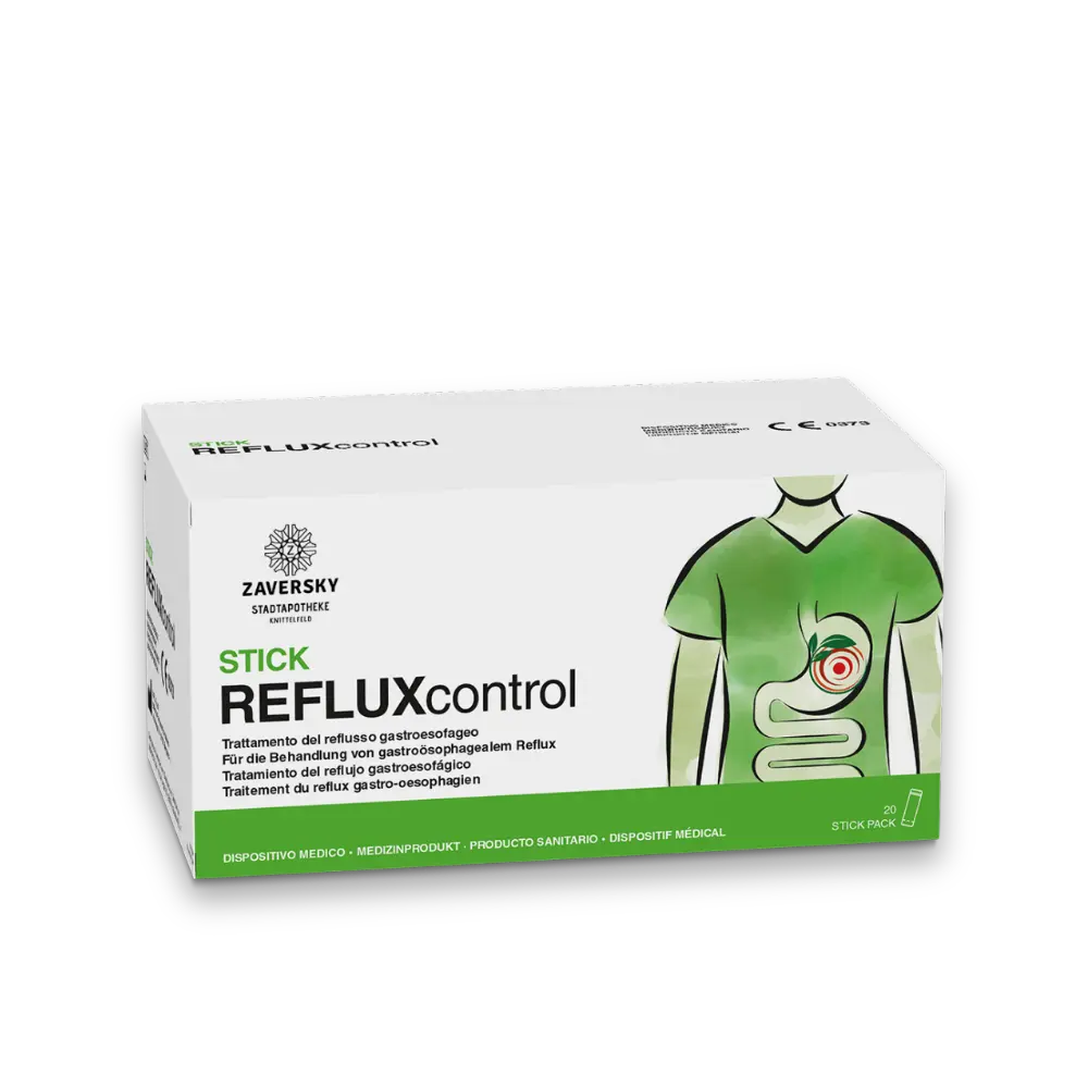 Verpackung von Zaversky Stadtapotheke REFLUXcontrol Stick, 20 Stick Pack, Medizinprodukt mit Illustration von Magen und Speiseröhre.