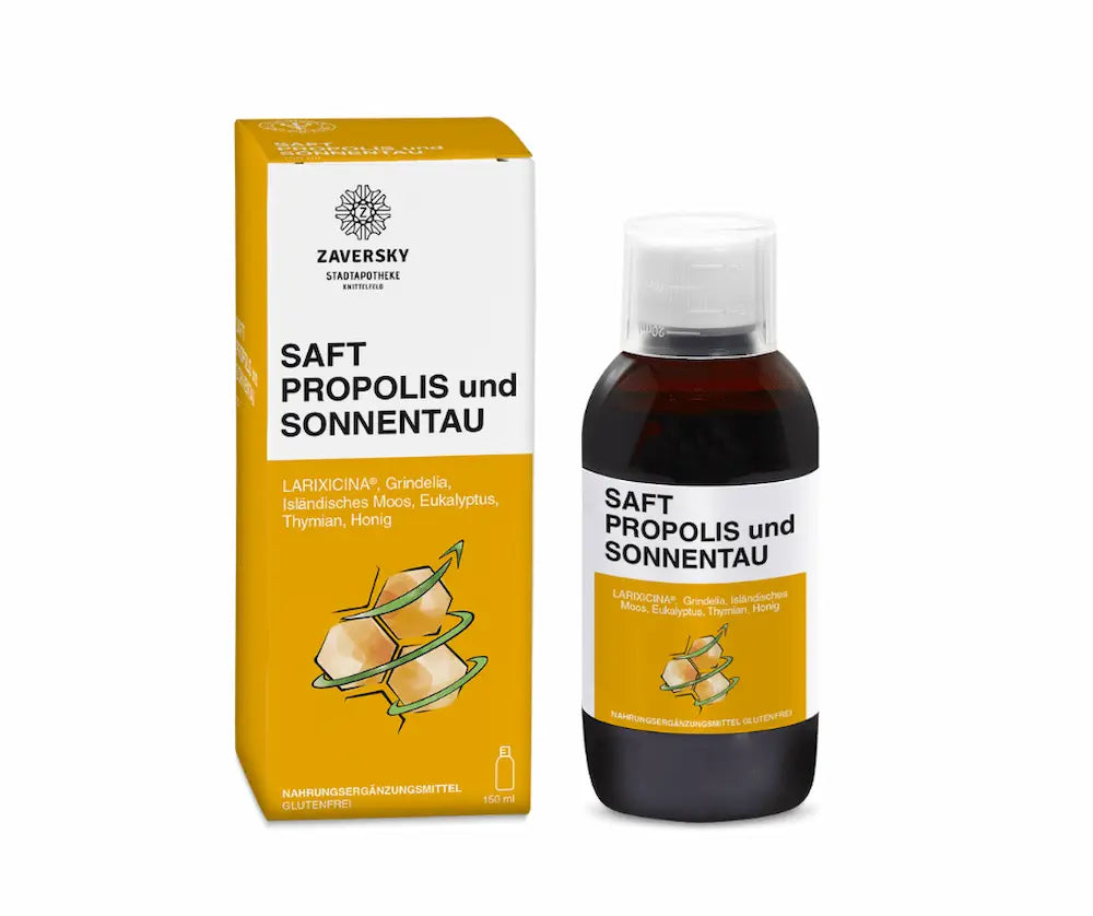Saft Propolis und Sonnentau der Zaversky Stadtapotheke in brauner Flasche mit gelber Faltschachtel, 150 ml, glutenfrei