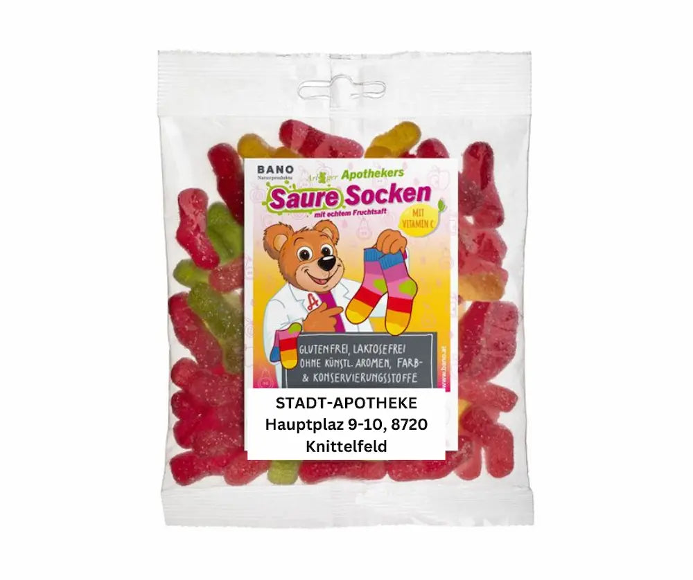 BANO Apothekers Saure Socken Fruchtgummi im Beutel mit Vitamin C, glutenfrei und laktosefrei, mit Bärchen-Motiv auf dem Etikett.