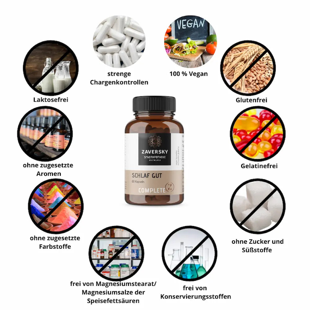 Zaversky Schlaf Gut Complete mit 60 Kapseln in brauner Dose, umgeben von Symbolen für vegan, laktosefrei, glutenfrei und gelatinefrei