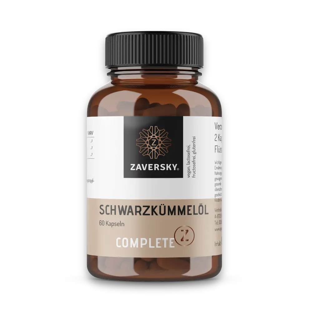 Braune Dose Schwarzkümmelöl von Zaversky Complete Z mit 60 Kapseln, schwarzem Deckel und beige-weißem Etikett.