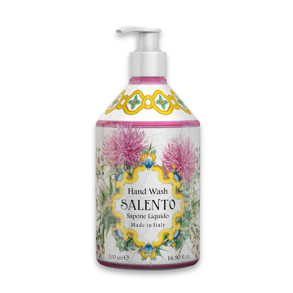 SALENTO Hand Wash Sapone Liquido, weiße Pumpspender-Flasche 500 ml mit floralem Majolika-Dekor in Rosa, Grün und Gelb