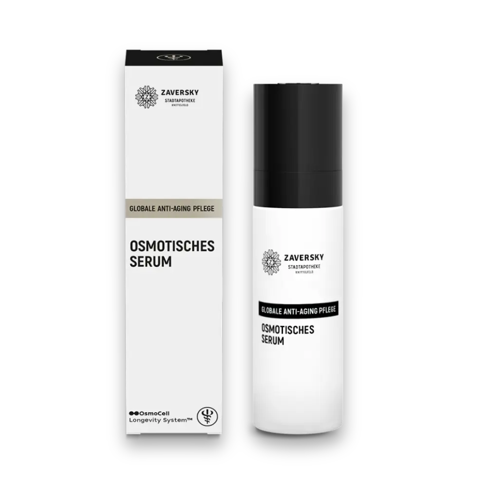 Zaversky Osmotisches Serum, weißer Pumpspender mit schwarzer Kappe neben passender Faltschachtel, globale Anti-Aging Pflege