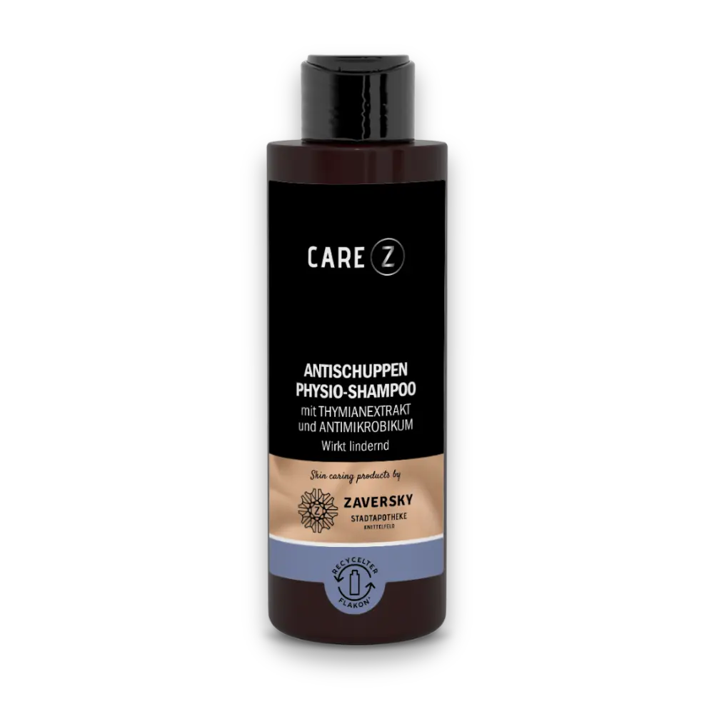 CARE Z Antischuppen Physio-Shampoo mit Thymianextrakt in brauner Flasche mit schwarzem Etikett, Vorderansicht