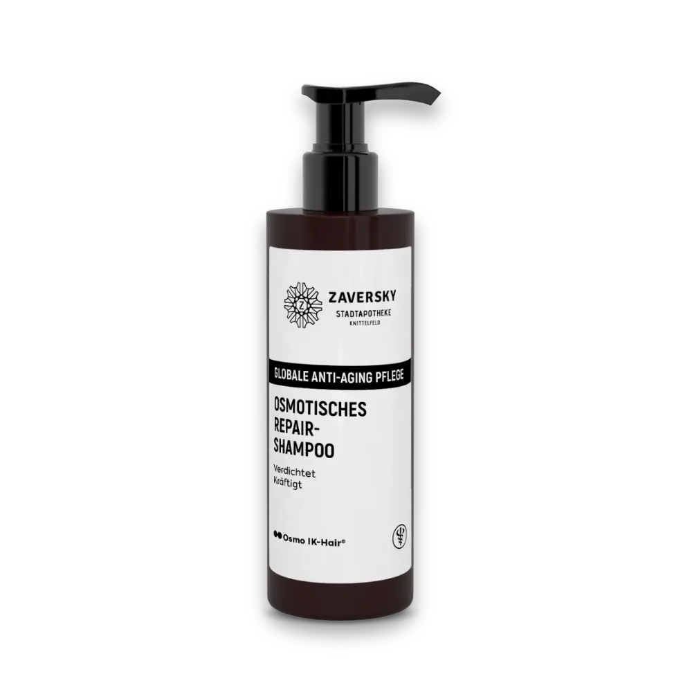 Osmotisches Repair-Shampoo von Zaversky in brauner Pumpflasche mit weißem Etikett, Aufschrift Globale Anti-Aging Pflege