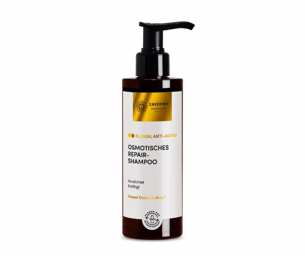 Zaversky Stadtapotheke Osmotisches Repair-Shampoo Global Anti-Aging in brauner Pumpflasche, verdichtet und kräftigt, Vorderansicht