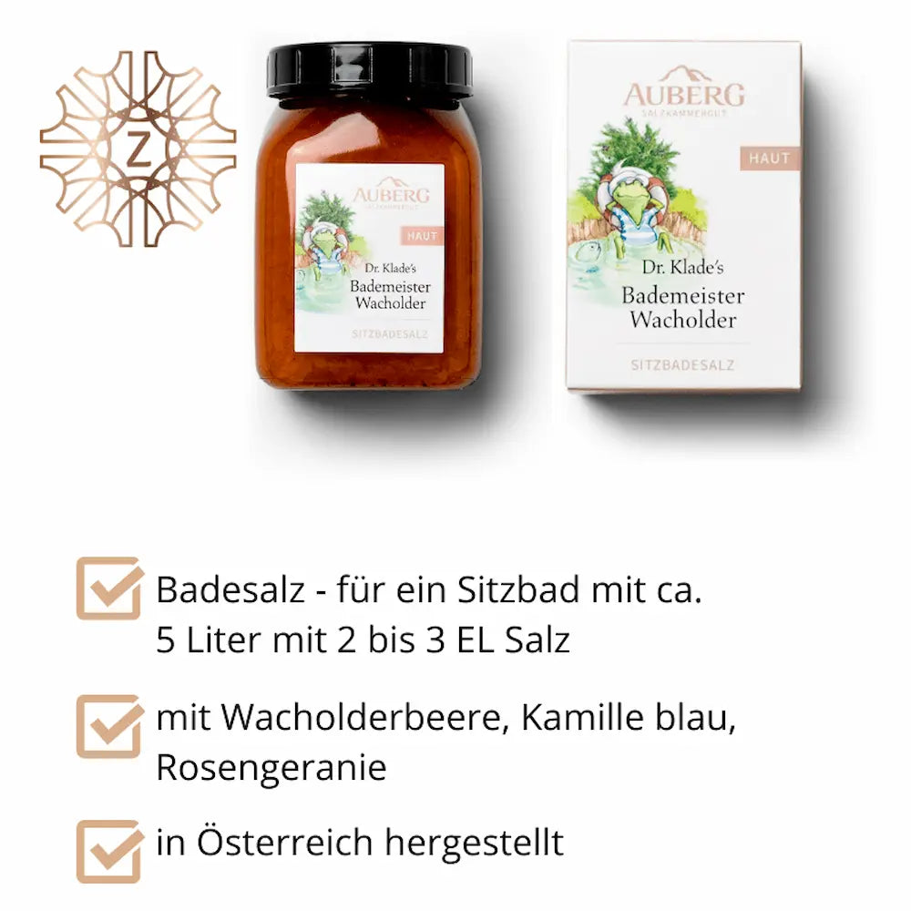 Sitzbadesalz Auberg Dr. Klade's Bademeister Wacholder im Glas und in der Verpackung, daneben Hinweise zu Anwendung und Inhaltsstoffen