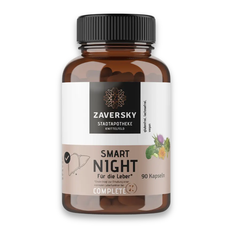 Zaversky Smart Night Kapseln für die Leber in Braunglasflasche mit schwarzem Deckel, glutenfrei, lactosefrei und vegan, Vorderansicht.
