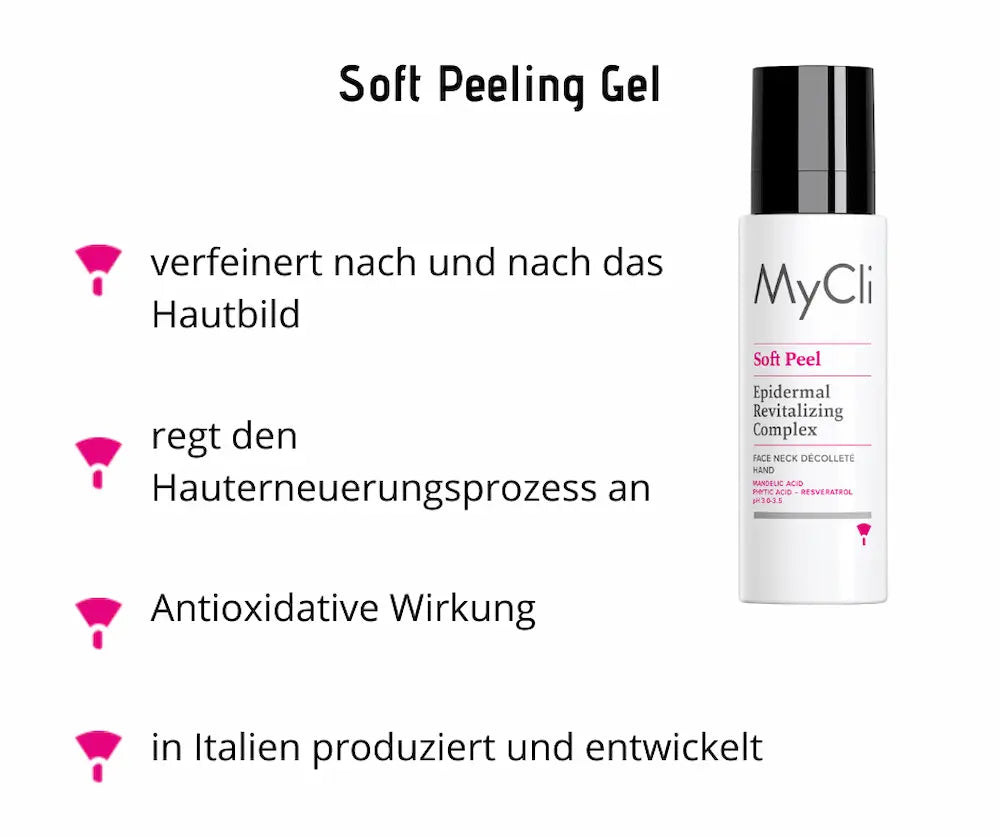 MyCli Soft Peel Epidermal Revitalizing Complex Peeling-Gel in weißer Flasche mit schwarzem Pumpspender, Infografik mit vier Produktmerkmalen.