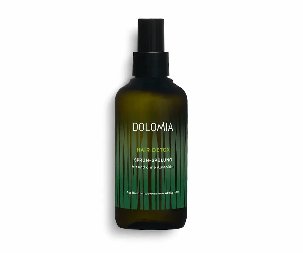 Dolomia Hair Detox Sprüh-Spülung in grüner Sprühflasche mit schwarzem Zerstäuber, zur Anwendung mit und ohne Ausspülen