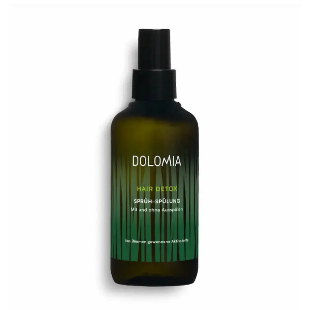 Dolomia Hair Detox Sprüh-Spülung in grüner Sprühflasche mit schwarzem Zerstäuber, zur Anwendung mit und ohne Ausspülen