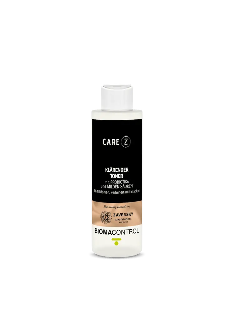 CARE Z BIOMACONTROL Klärender Toner mit Probiotika in weißer Flasche mit schwarzem Etikett, Vorderansicht, Zaversky