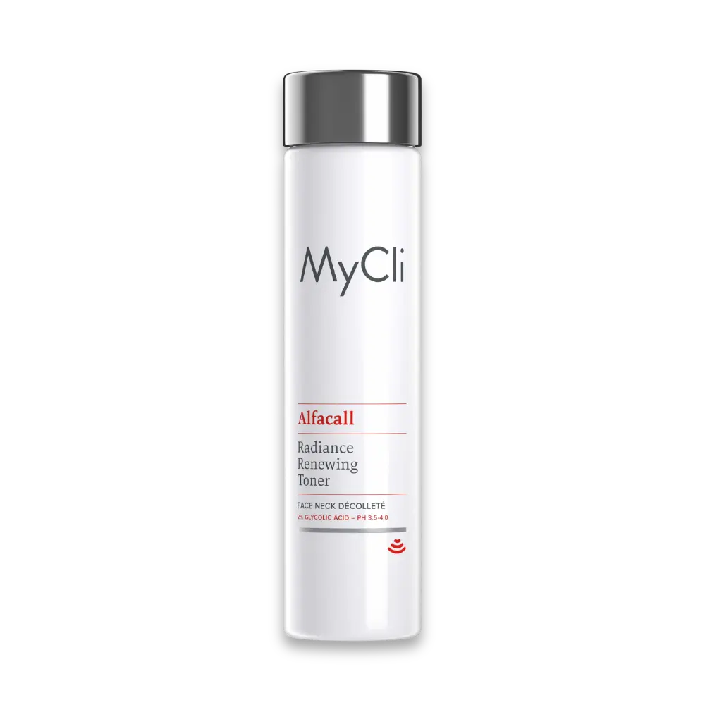 MyCli Alfacall Radiance Renewing Toner in weißer Flasche mit schwarzem Deckel, 2% Glycolic Acid, für Gesicht, Hals und Dekolleté