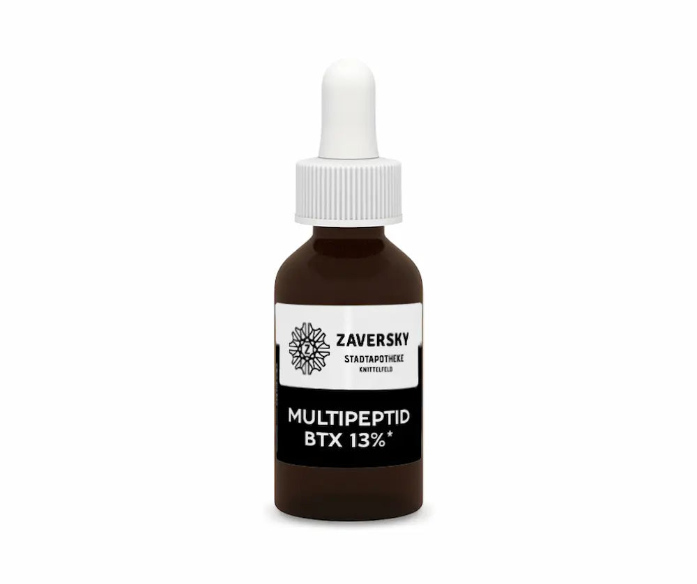 Braune Tropfenflasche Zaversky Multipeptid BTX 13% mit weißer Pipette und schwarz-weißem Etikett, Vorderansicht