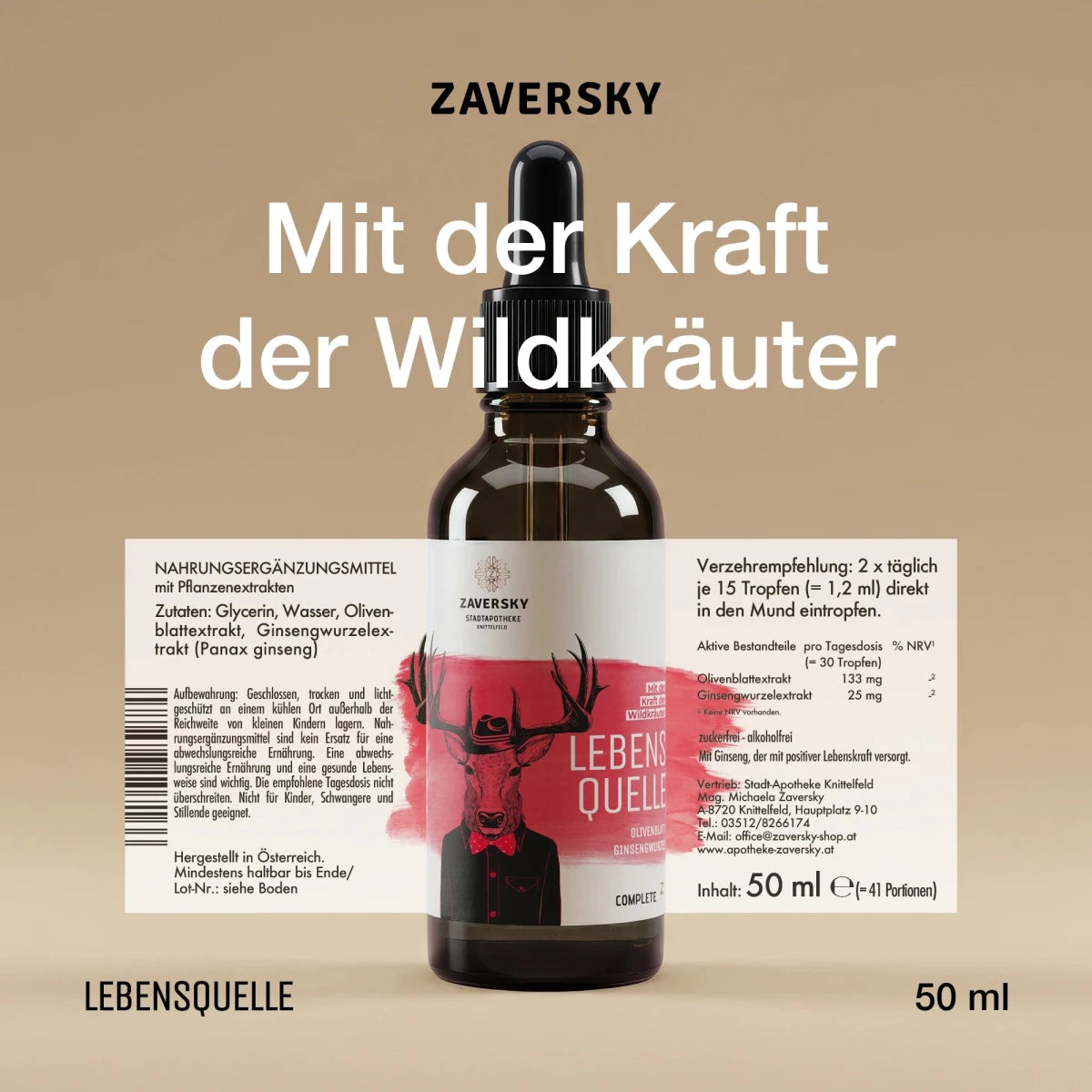 Zaversky Lebensquelle Tropfenflasche aus Braunglas mit schwarzer Pipette, Hirsch-Motiv auf rotem Etikett, 50 ml, Slogan „Mit der Kraft der Wildkräuter“.