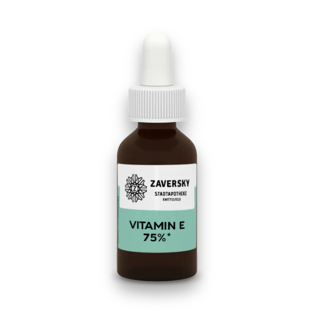 Braune Tropfflasche mit Pipette, Etikett Zaversky Stadtapotheke Knittelfeld, Aufschrift Vitamin E 75%.