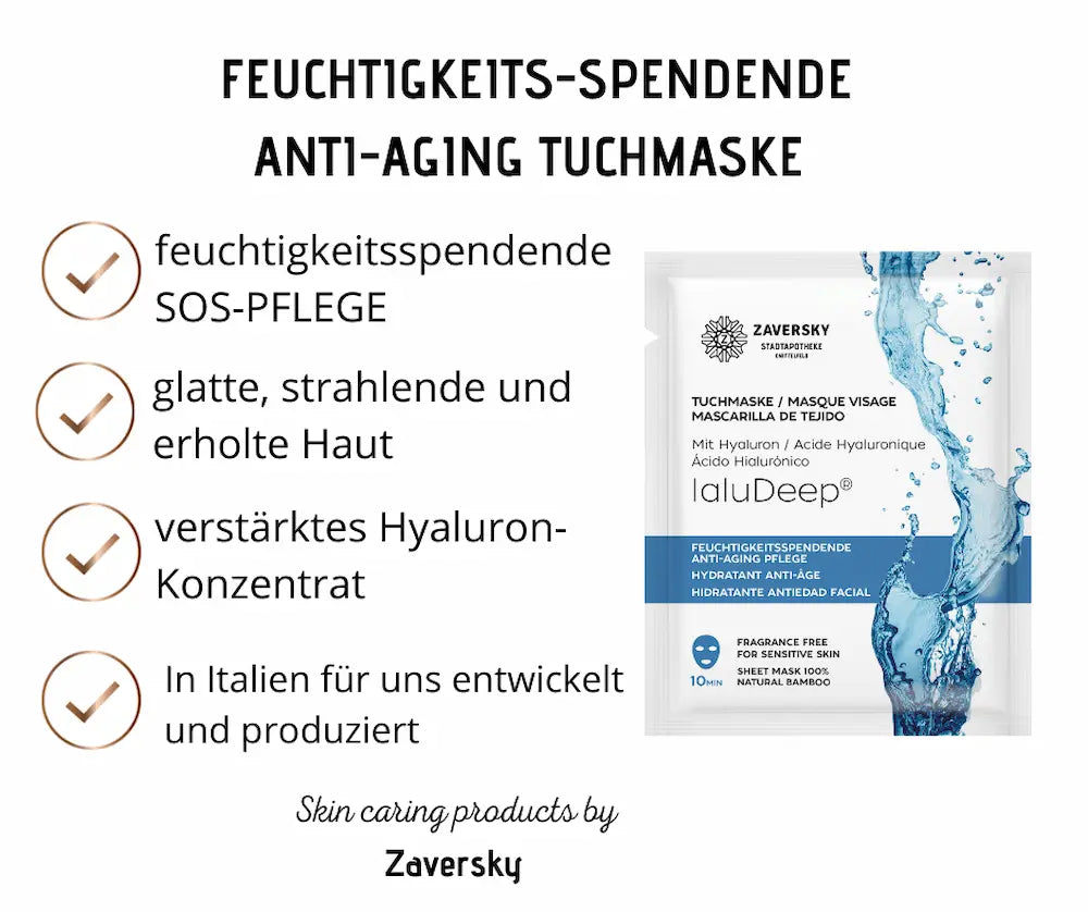 Infografik zur feuchtigkeitsspendenden Anti-Aging Tuchmaske von Zaversky mit Hyaluron, Sachet rechts und vier Vorteilen als Häkchen