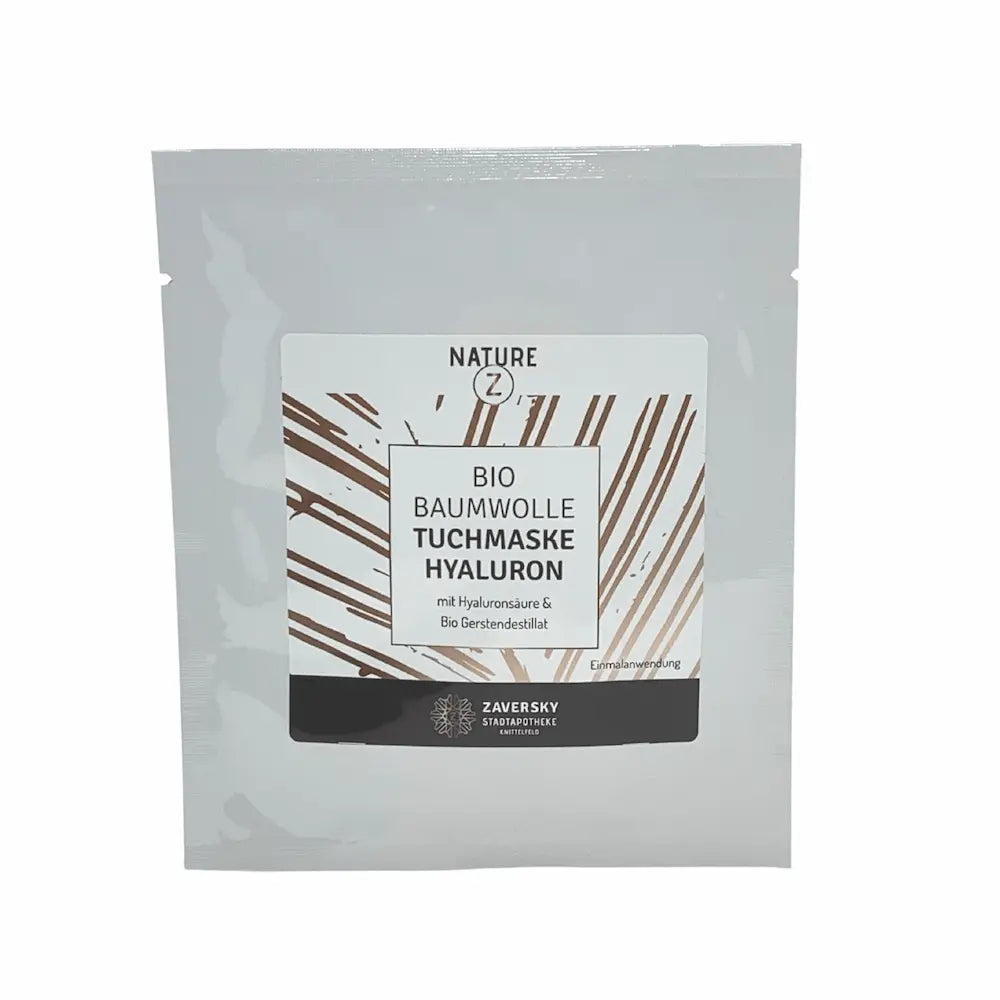 NATURE Z Bio Baumwolle Tuchmaske Hyaluron mit Hyaluronsäure und Bio Gerstendestillat, silberne Einzelverpackung mit Kupferdesign