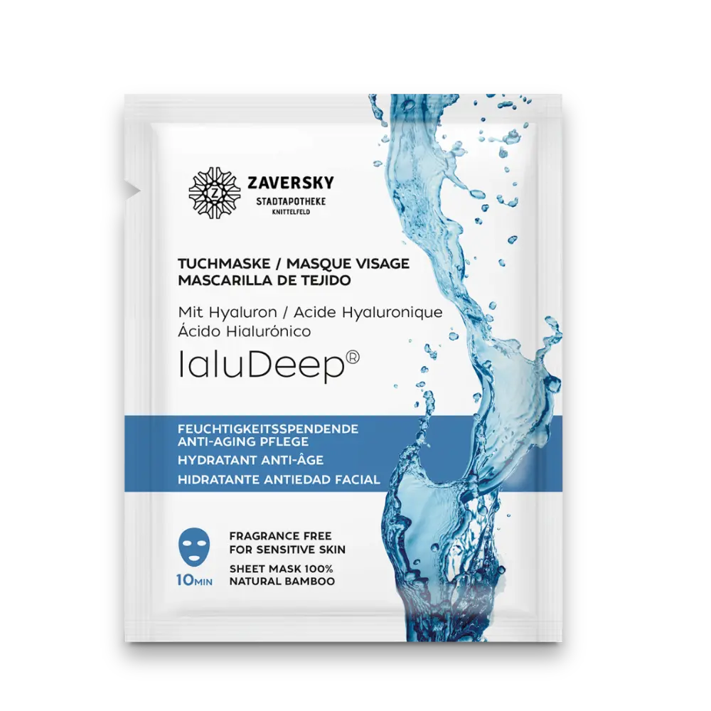 IaluDeep Tuchmaske von Zaversky mit Hyaluron, weißes Sachet mit blauem Wasser-Motiv, feuchtigkeitsspendende Anti-Aging Pflege